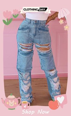 Casual Solid Ripped Mid Waist Straight Denim Jeans Straight Denim Jeans, Jeans Online, Wholesale Fashion, Buy Now, Denim Jeans, Shop Now, Clothes