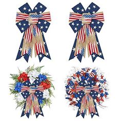 three patriotic wreaths with bows and stars on the top one is red white and blue