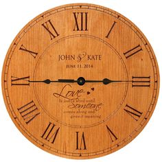 a wooden clock with roman numerals on the face and date for each hour