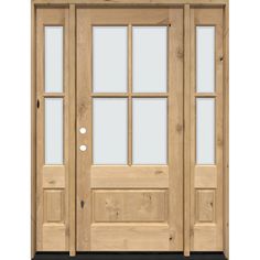 a wooden door with glass panels and sidelights on an isolated white background, front view