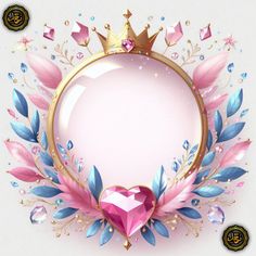 a pink heart surrounded by blue leaves and gold accents with a crown on the top