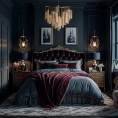 a bedroom with black walls and dark colored bedding, chandelier hanging from the ceiling