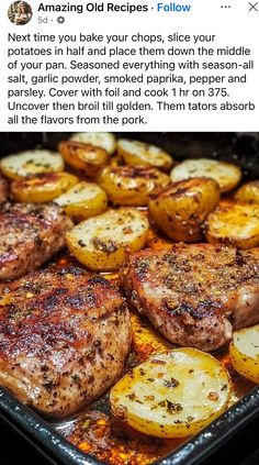 a pan filled with potatoes and meat on top of it