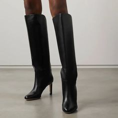 Wide Calf Chunky Platform Knee-high Boots With Round Toe, Evening Knee-high Calf Leather Platform Boots, Elegant Knee-high Calf Leather Platform Boots, Black Leather Knee-high Platform Boots, Black Leather Knee-high Boots With Chunky Platform, Black Patent Boots, Work Formal, Red Carpet Party, Patent Boots