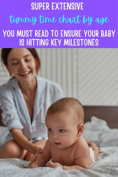 a baby laying on top of a bed next to a woman and text that reads, super expensive tiny time chart by age you must read to ensure your baby is hitting key milestones