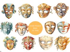 Mask Sticker, Greek Theatre Masks, Greek Mask, Theater Masks, Mask Aesthetic, Paper Theatre, Theatre Masks, Hero's Journey, Stage Makeup