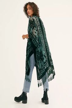 Nightbird Burnout Kimono | Free People Gilet Kimono, Kimono Beach Cover Up, Luanna Perez, Styled Outfits, Green Kimono, Bow Purse, Kimono Floral, Beach Kimono, Sheer Kimono