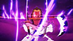 an anime character holding two swords in front of purple and blue light streaks behind him