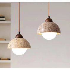 two light fixtures hanging from a ceiling in a room with bookshelves and shelves