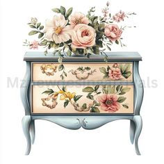 an old dresser with flowers painted on the front and drawers, is shown in this watercolor