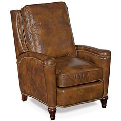 a brown leather recliner chair with nailing on the armrests and foot rest