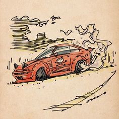 a drawing of a red car in the middle of a road with birds flying overhead