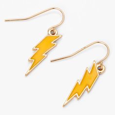 Claire's Gold 1" Lightning Bolt Drop Earrings - Yellow Trendy Yellow Earrings, Trendy Yellow Metal Jewelry, Flame Accessories, Lightning Outfit, Lightning Clothes, Lightning Jewelry, Huge Lightning Bolt Earrings, Cosplay Items, Lightning Bolt Accessories