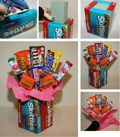 the candy bouquet has been made into a gift box for someone's special occasion