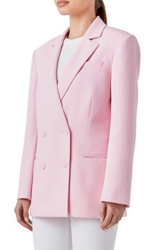 Upgrade your blazer game with this boxy double-breasted style framed by polished notched lapels. Notched lapels Lined 97% polyester, 3% spandex Hand wash, dry flat Imported Classic Pink Blazer With Double Button Closure, Double-breasted Pink Blazer For Formal Occasions, Formal Pink Double-breasted Blazer, Pink Notch Lapel Blazer With Double Button, Pink Double-breasted Business Blazer, Pink Double-breasted Blazer For Business, Pink Double-breasted Blazer For Office, Pink Double-breasted Blazer With Lapel Collar, Pink Double-breasted Blazer Dress For Work