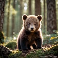 a small brown bear standing on top of a moss covered tree trunk in the woods