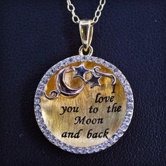 18", vintage vermeil yellow gold over sterling silver 925 circle chain necklace with moon star pendant embossed "love you to the moon and back", stamped 925 Gold Engraved Moon-shaped Jewelry, Gold Moon-shaped Engraved Jewelry, Celestial Round Jewelry For Mother's Day, Gold Moon-shaped Engraved Necklace, Engraved Moon Shaped Necklace For Anniversary, Engraved Moon Necklace For Anniversary, Celestial Round Collectible Necklaces, Engraved Moon Shaped Anniversary Necklace, Celestial Necklace With Stamped 925 For Gift