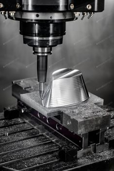 a metal object being worked on by a milling machine in black and white photo with high speed