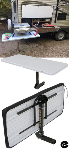 a camper trailer with its bed attached to the side and an image of it's back door open