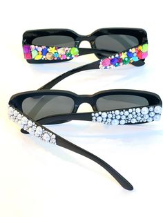 These sunglasses are unique, stylish and just the perfect gift! The beading on the stems makes them so cute and trendy.  You can customized what color beading you would like on the stems. Take a look at the beading color chart to select your colors.   Return Policy: As these sunglasses are customized products, we do not accept returns or exchanges unless there is a misspelling, we will send a corrected item at no additional charge. Trendy Handmade Sunglasses For Party, Trendy Handmade Sunglasses For Parties, Handmade Sunglasses For Summer Parties, Fun Handmade Sunglasses For Party, Fun Handmade Sunglasses For Parties, Bedazzled Sunglasses, Birthday Sunglasses, Custom Birthday Gifts, Customized Products