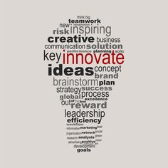 A word cloud in the shape of a lightbulb containing various business-related words and phrases. The prominent words include "innovate," "ideas," "inspiring," "creative," "leadership," "strategy," "success," and "efficiency." The word "innovate" is highlighted in red. Innovation Quotes, Word Drawings, Social Research, Best Business Ideas, Green Business, Creativity Quotes, Innovation Strategy, Business Communication, Word Cloud