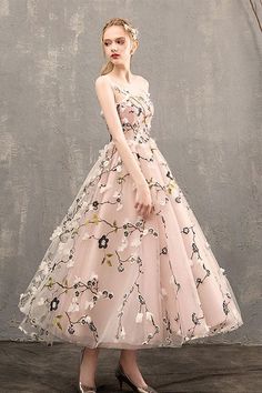 A Line Round Neck Floral Pink Tea Length Prom Dresses, Floral Pink Formal Graduation Evening Dresses Prom Dresses Floral, Modern Vintage Dress, Tea Length Prom Dress, Backless Formal Dresses, Flower Prom Dress, Grey Prom Dress, Prom Dresses 2017, Prom Dresses 2018, Burgundy Prom Dress