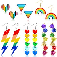 PRICES MAY VARY. Rainbow earrings set: there are 6 pairs of rainbow pride earrings that come in 6 different designs, sufficient quantity and rich style can meet your daily wear, change and share needs, let you look more attractive, and have a good mood, you can choose to match according to your preference or style, giving you different decorating effect Comfortable and reliable material: these rainbow earrings pride dangle earrings are made of quality alloy and acrylic material, reliable and dur Pride Earrings, Heart Rainbow, Love Wins, Rainbow Theme, Earrings Round, Rainbow Earrings, Heart Drop Earrings, Cute Style, Sweet Gifts