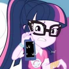 a cartoon girl with glasses holding a cell phone