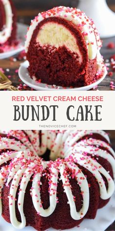 red velvet cream cheese bundt cake with white frosting and sprinkles