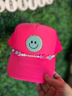 Every girlie needs a summer hat to throw on after the pool, on vacation, or while riding around the block on a bike.  Want this on a black hat or need to change the beaded chain? Juat let me know! All our hats are totally customizable, so message us to request custom colors or patches. We can build a custom listing just for you! Trendy Pink Hats For Music Festival, Pink Summer Hats For Music Festival, Fun Pink Hat For Music Festival, Trendy Adjustable Baseball Cap For Beach, Cute Adjustable Hats For Festivals, Adjustable Flat Brim Trucker Hat For Summer, Funky Pink Hats For The Beach, Funky Pink Hat For The Beach, Cute Adjustable Festival Hats