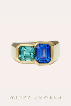 Toi Et Moi engagement ring with a geometrically cut blue sapphire and teal green tourmaline, set in a chunky 18k yellow gold band. Mens Blue Sapphire Ring, Bi Color Sapphire Ring, Bypass Rings, Gems Rings, Engagement Ring Blue Sapphire, Stone Rings For Men, Teal Sapphire Ring, Engagement Ring Blue, Blue Jewellery