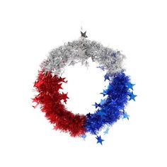 red, white and blue tinsel wreath with stars hanging from the center on a white background