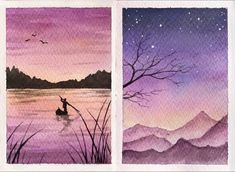 three watercolor paintings of mountains, trees and a lake with birds flying in the sky