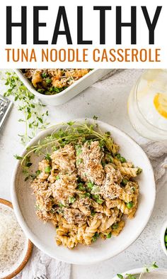 healthy tuna noodle casserole on a white plate