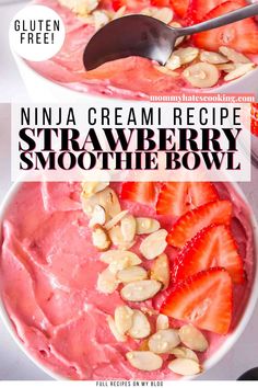 two bowls filled with strawberry smoothie and nuts