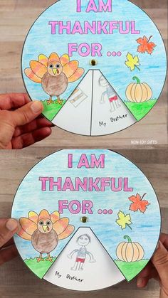 two thanksgiving crafts for kids that include turkeys, pumpkins and leaves with the words i am grateful for