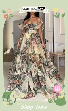 Castle Ballroom Tulle Floral Off Shoulder Ruffle Maxi Dress A-line Chiffon Dresses With Ruffles, Floor-length Floral Print Organza Dress, Summer Prom Dress With Ruffles, Chiffon Ruffle Dress For Garden Party, Feminine Ruffled Maxi Dress For Prom Season, Chiffon Ruffle Dress For Spring Evening, Spring Evening Ruffle Chiffon Dress, Spring Evening Ruffle Dress In Chiffon, Summer Ruffle Dress For Prom