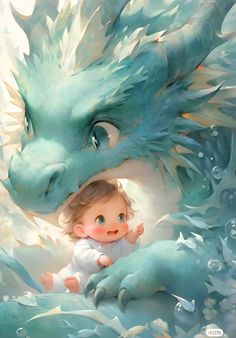 a painting of a baby and a dragon