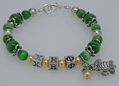 CHI ETA PHI 8" Beaded Bracelet with Sorority Greek Letters Green Yellow Accessory Gift Green Personalized Bracelets With Round Beads, Personalized Green Bracelets With Round Beads, Chi Eta Phi, Artsy Accessories, Sorority Letters, Yellow Accessories, Royal Green, Jacksonville Beach, Cube Beads