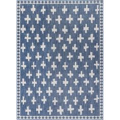 a blue and white rug with crosses on the front, in various sizes and colors