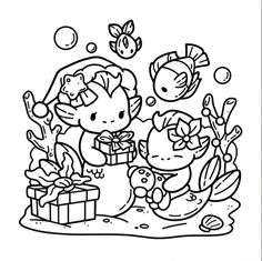 hello kitty and her friends are playing in the water with their gift box coloring page