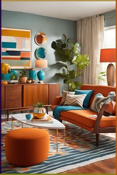 a living room filled with furniture and colorful accessories on top of a wooden coffee table