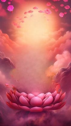 an artistic painting with pink flowers floating in the air and clouds above it is a bright light