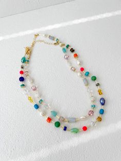 Colorful Beaded Friendship Necklace, Multicolored Beaded Necklace, Semiprecious Bead Necklace, Gold Layering Necklace - Etsy Gift Layered Necklace With Colorful Round Beads, Layered Necklace With Colorful Round Beads For Gifts, Double Strand Beaded Necklaces For Layering, Double Strand Beaded Necklace For Layering, Colorful Double Strand Beaded Necklaces As Gifts, Multicolor Double Strand Jewelry With Tiny Beads, Double Strand Colorful Beaded Necklaces For Layering, Dainty Multicolor Necklace For Jewelry Making, Multicolor Beaded Necklace With Gemstone Beads For Layering