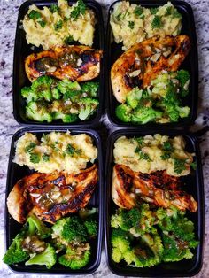 four plastic trays filled with chicken, broccoli and mashed potatoes covered in sauce