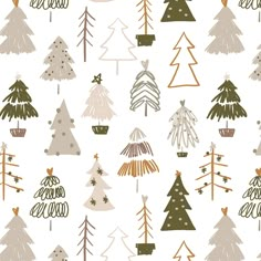 christmas trees on white background with gold and green trimmings in various sizes, from small to large