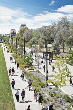 many people are walking on the sidewalk near some trees and bushes in a city park