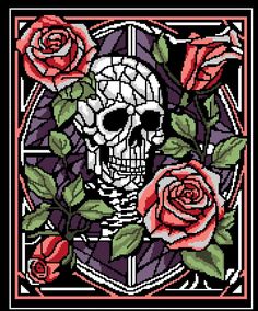 a cross stitch pattern with roses and a skull