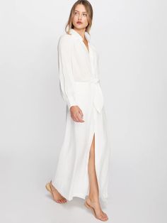 Women's Madsen Maxi Dress in Salt White Elegant Button-up Dress With Cuffed Sleeves, Elegant V-neck Relaxed Fit Shirt Dress, Elegant White Shirt Dress With Placket, Classic Dress With Button Cuffs For Daywear, Fitted Long Sleeve Shirt Dress With Hidden Button Closure, Long Sleeve Dresses With Belted Cuffs, Elegant Shirt Dress With Button Cuffs And Spread Collar, Elegant Shirt Dress With Spread Collar And Button Cuffs, Elegant Long Sleeve Dress With Cuffed Sleeves