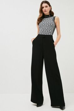 Flattering Pants, Black Wide Leg Trousers, Fashion Face Mask, Petite Outfits, Karen Millen, Petite Dresses, Wide Leg Trousers, Leg Pants, Black Pants